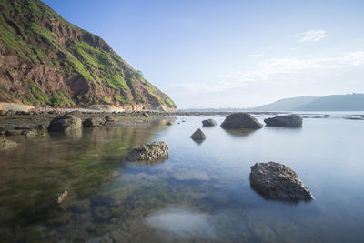 Scenic view of sea and rocks against sky