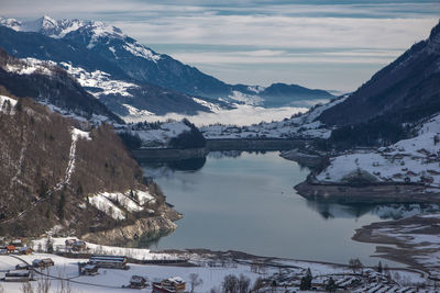 Scenic view of lake by snowcapped mountains against sky