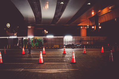 Rear view of people walking on street at night