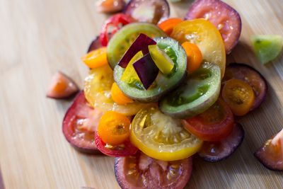 High angle view of fruits and vegetables on table