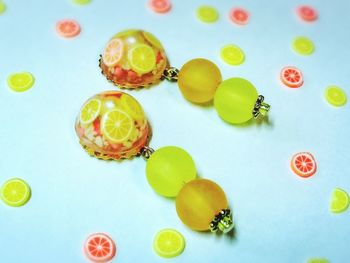 High angle view of multi colored candies on table