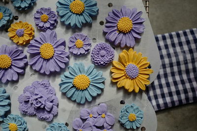 High angle view of various flowers on table