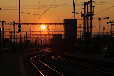 Railroad tracks against sky during sunset