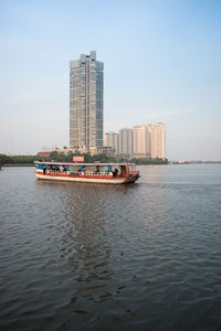 Ship in sea against clear sky