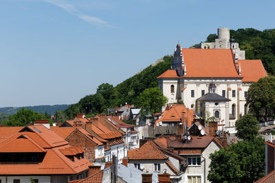 Buildings in city against clear sky