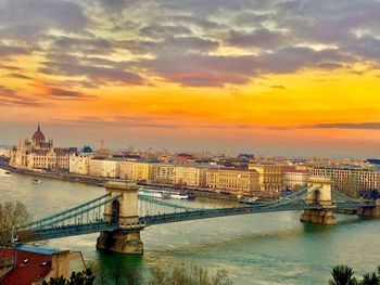 High angle view of szechenyi chain bridge and residential district against sky during sunset