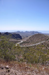 Scenic view of desert against clear blue sky