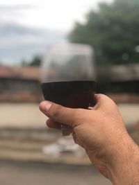 Hand holding glass of red wine against blurred background