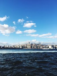 View of buildings by sea against cloudy sky