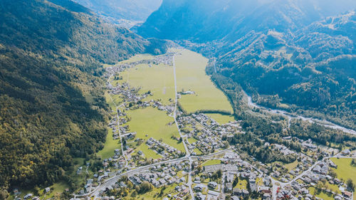 High angle view of land and mountains