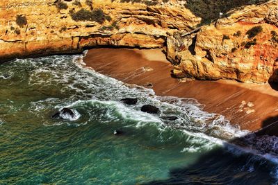 High angle view of water flowing through rocks