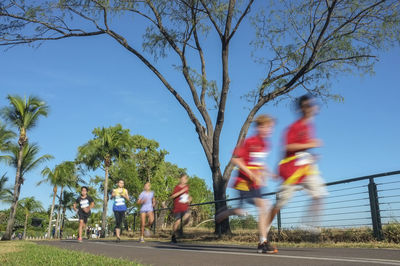 People running by trees against sky