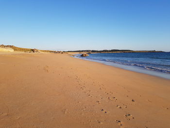 Scenic view of beach against clear blue sky