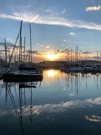 Sailboats in marina at sunset