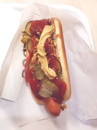 High angle view of hot dog in plate
