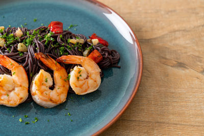 High angle view of food in plate on table