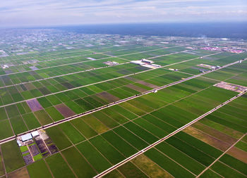 High angle view of soccer field against sky