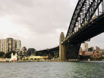 Bridge over river with buildings in background