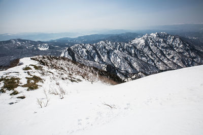 Scenic view of snow covered mountains against sky