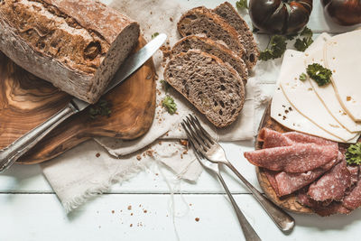 High angle view of breakfast served on table