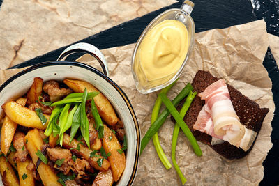 High angle view of meal served on table