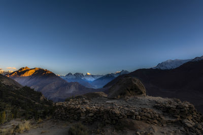 Scenic view of snowcapped mountains against clear sky