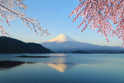 Scenic view of lake and mountains against clear sky