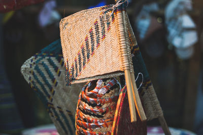 Close-up of clothes drying in market stall