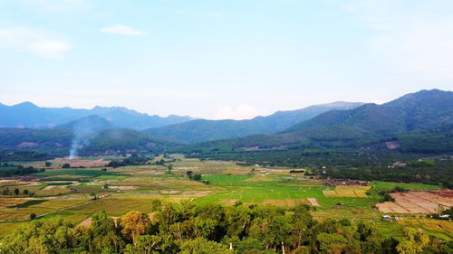 Scenic view of agricultural field against sky