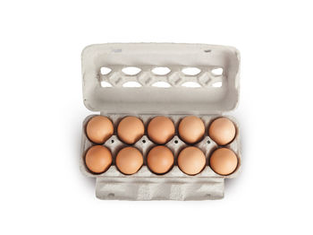 Directly above shot of eggs on white background