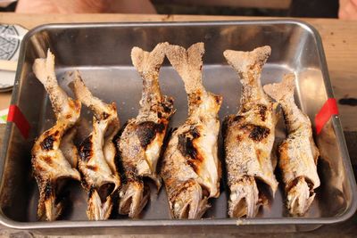 High angle view of grilled fishes in container