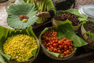 High angle view of food for sale at market stall