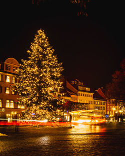 Illuminated christmas tree by buildings in city at night