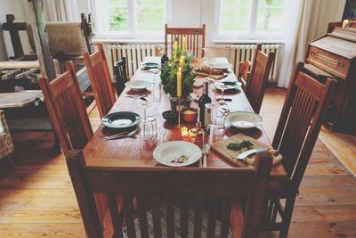 High angle view of tables and chairs at home