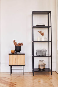 Shelves and cabinet with various light decorations