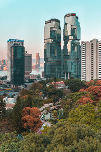 High angle view of buildings against sky