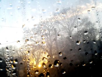 Close-up of wet glass window against sky