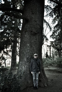 Portrait of man standing on tree trunk in forest