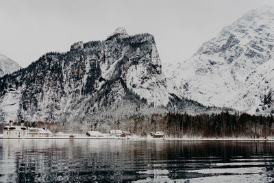 Scenic view of snowcapped mountains and lake against sky