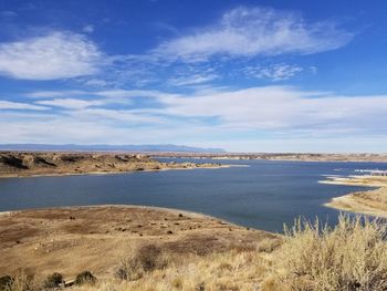 Scenic view of sea against blue sky