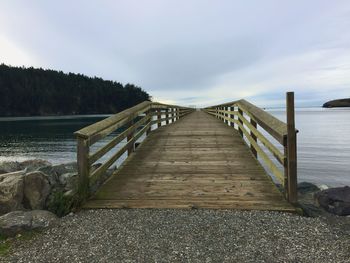 Boardwalk on footbridge against sky