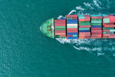 High angle view of container ship in sea