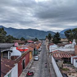 High angle view of houses against sky