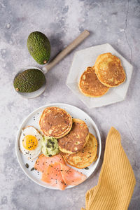 High angle view of breakfast served on table