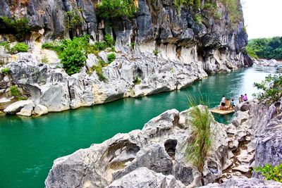 High angle view of river amidst rock formations