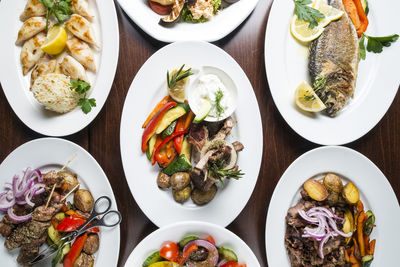 High angle view of food served on table