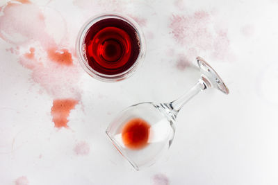 High angle view of wine in glass on table