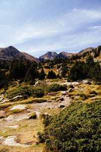 Scenic view of land and mountains against sky