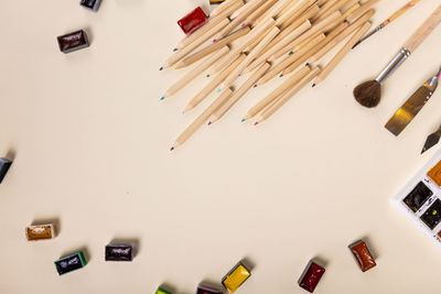 High angle view of multi colored pencils on table