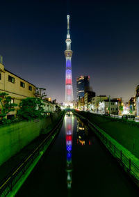 Illuminated tokyo sky tree in city at night